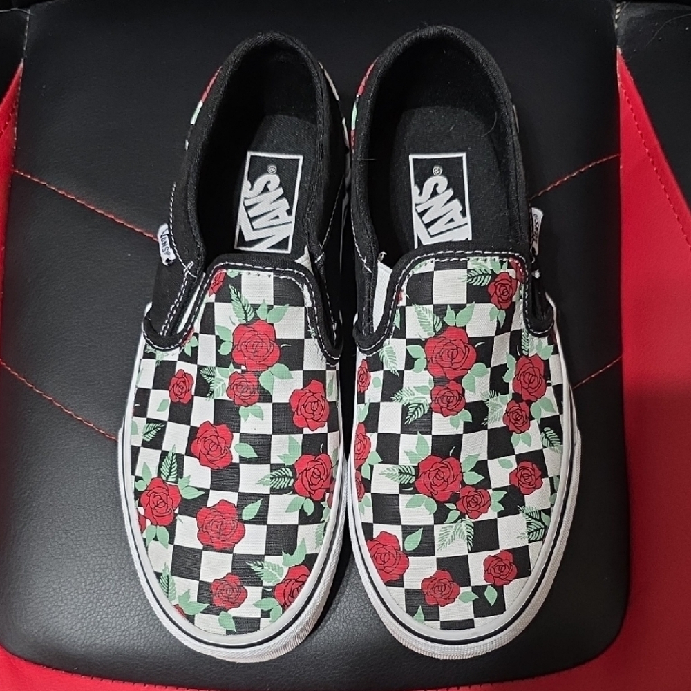 Vans Black and White Checkered Rose Slip On Sneakers